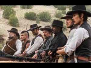 (l to r) Vincent D'Onofrio, Martin Sensmeier, Manuel Garcia-Rulfo, Ethan Hawke, Denzel Washington, Chris Pratt and Byung-hun Lee star in Columbia Pictures' THE MAGNIFICENT SEVEN.